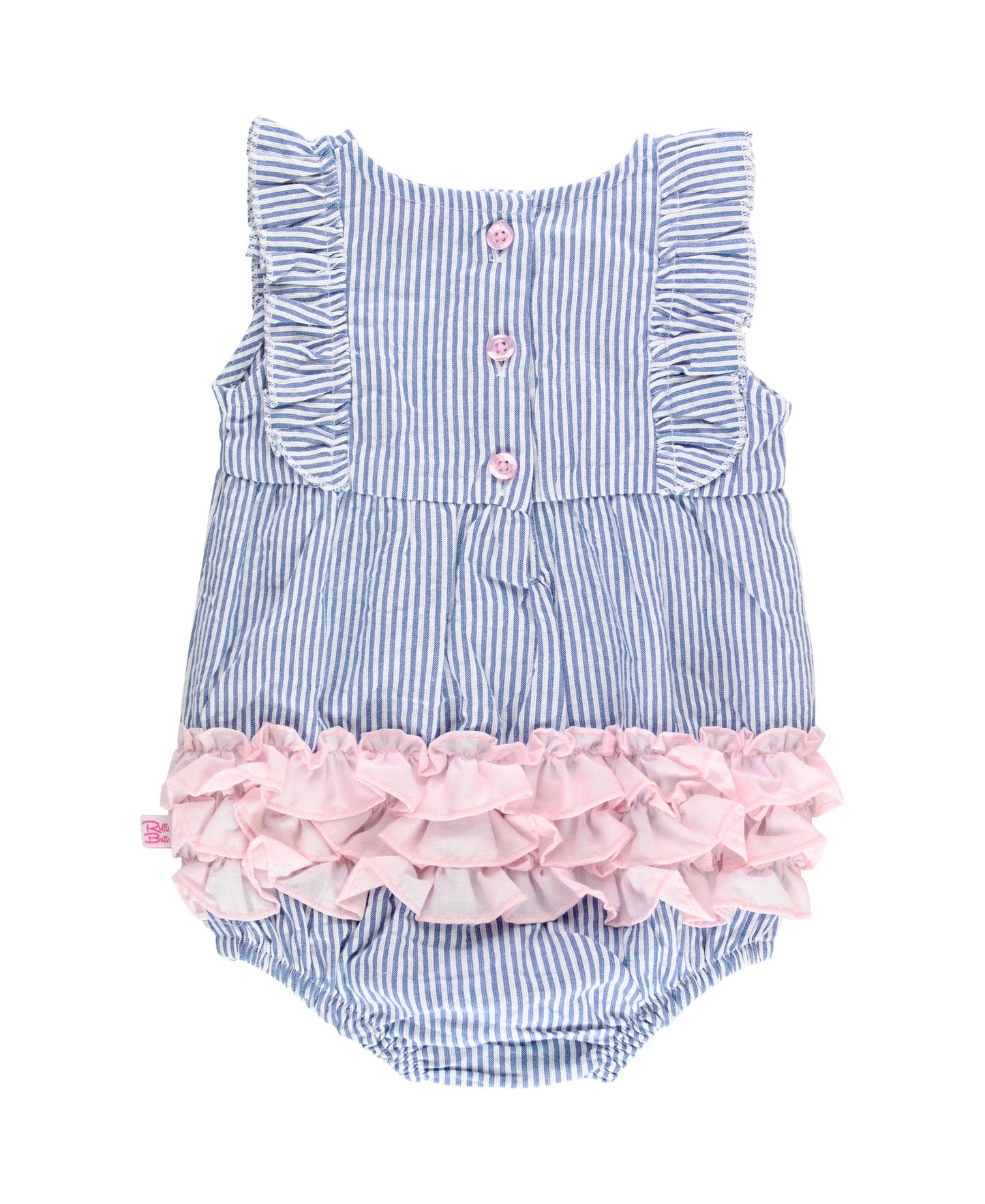 Baby Girls Blue Seersucker Classic Ruffle Bubble Romper: Blue / 6-12m