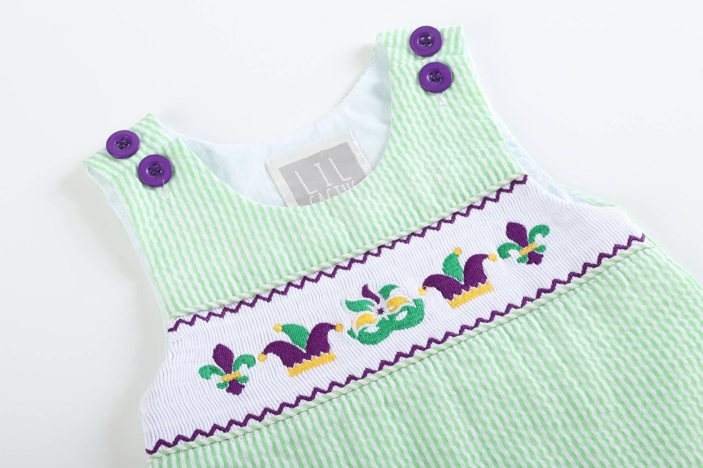 Green and Purple Mardi Gras Smocked Baby Shortalls: 6-12M