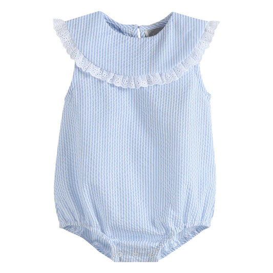 Classic Light Blue Seersucker Collared Baby Bubble Romper: 6-12M